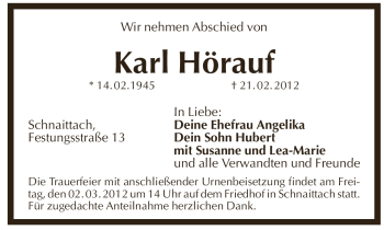 Traueranzeige von Karl Hörauf von Pegnitz-Zeitung